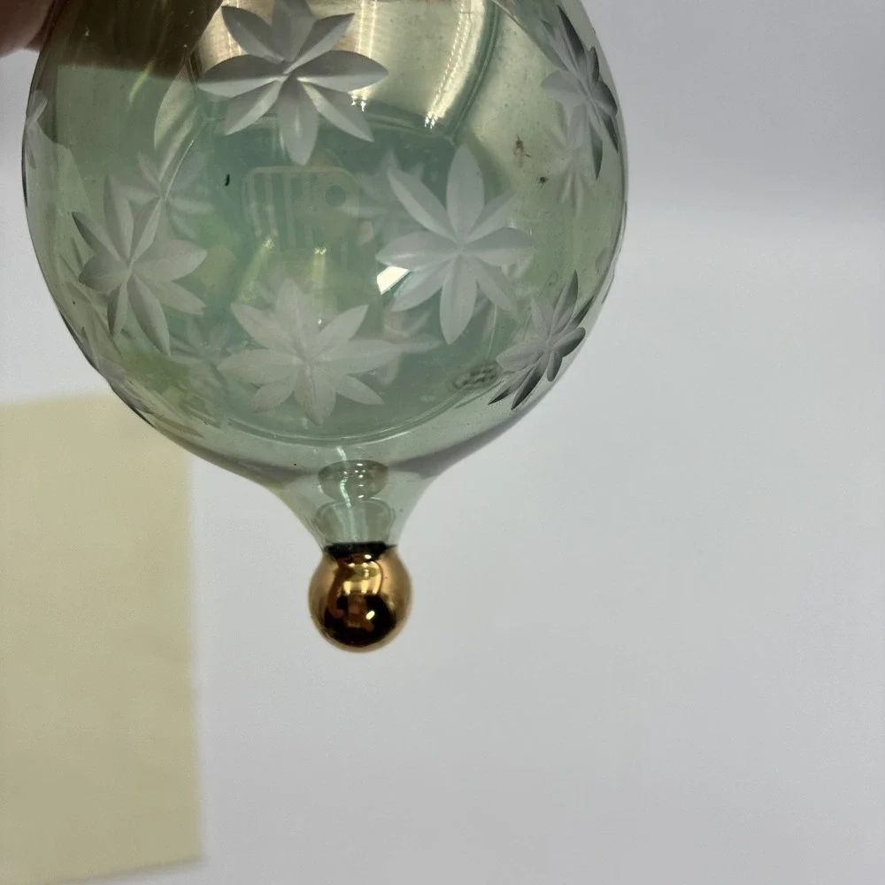 Vintage Egyptian Hand Blown Glass Ornaments Etched Floral Gold Trim Set of 2